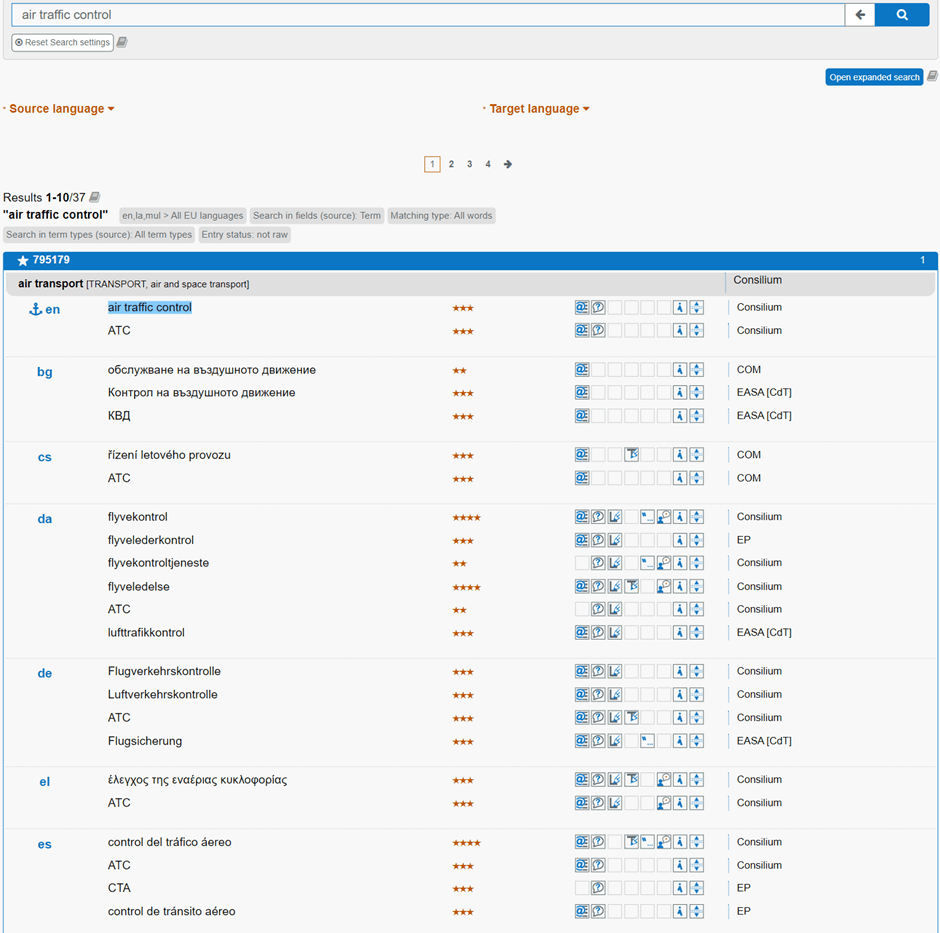 Screenshot of the IATE Search results for the term Air Traffic Control